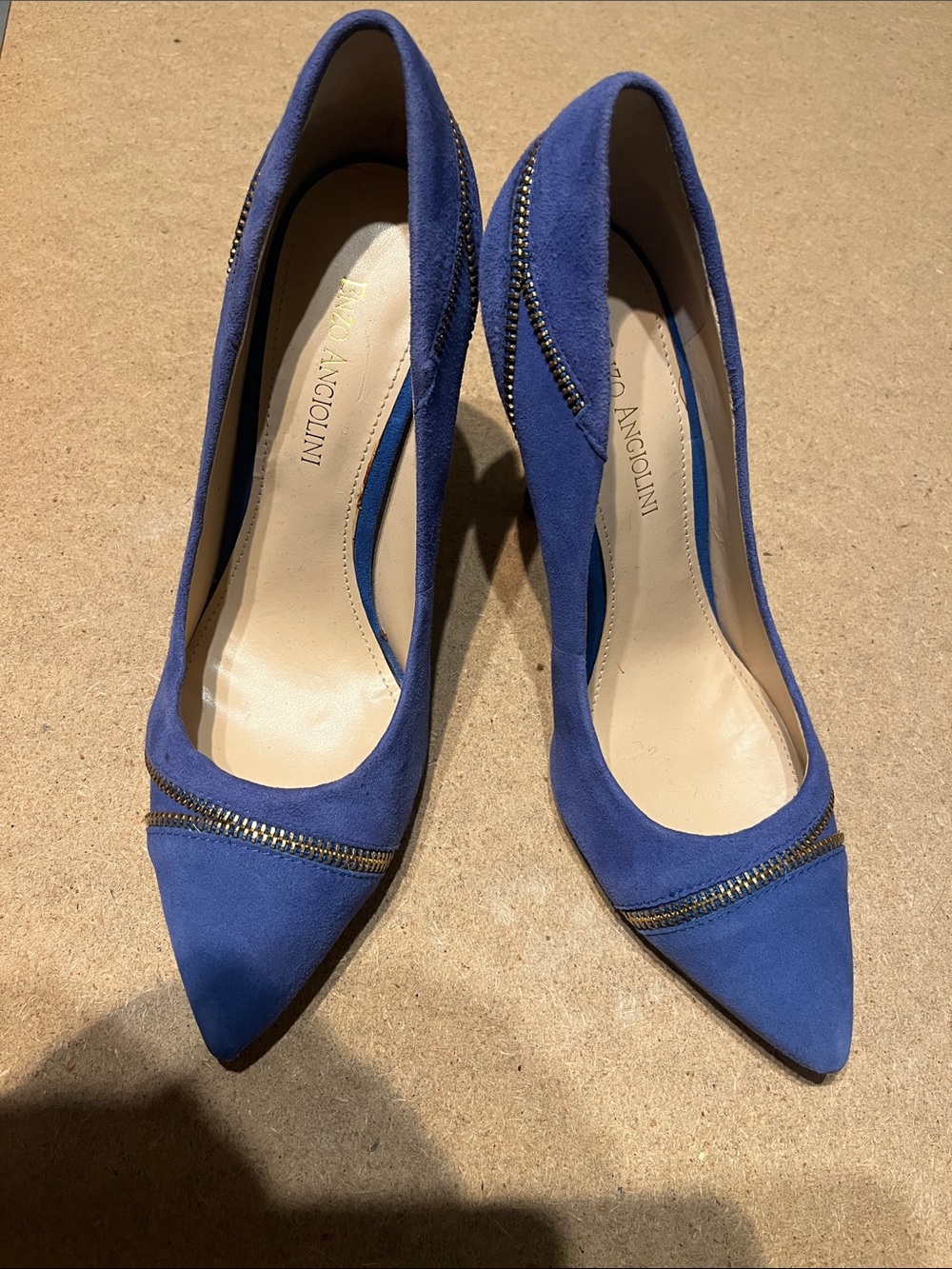 Enzo Angiolini Blue Suede Pointed-Toe Pumps with Zipper Trim